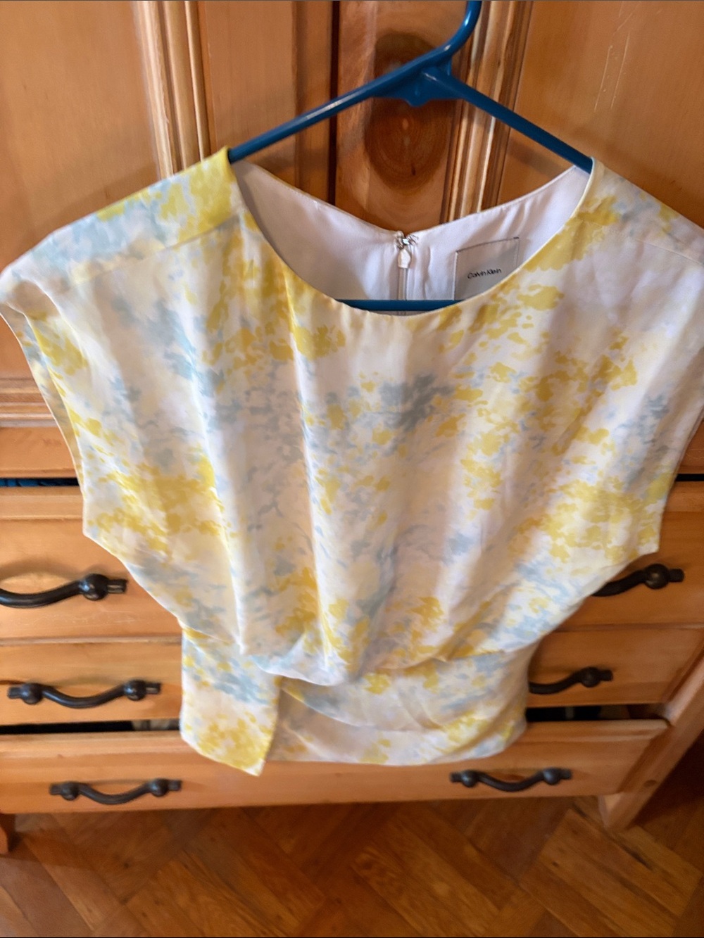 Calvin Klein Yellow and White Floral Cap-Sleeve Blouse